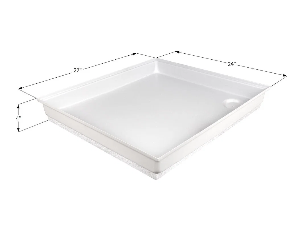 00461 – ICON Shower Pan, Rectangle 27 Inch Length x 24 Inch Width x 4 Inch Height With Ready To Drill Drain Polar Whi...